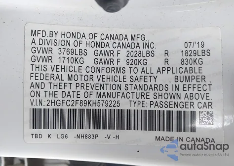 2019 Honda Civic Sport z USA, uszkodzony, nr VIN 2HGFC2F89KH579225